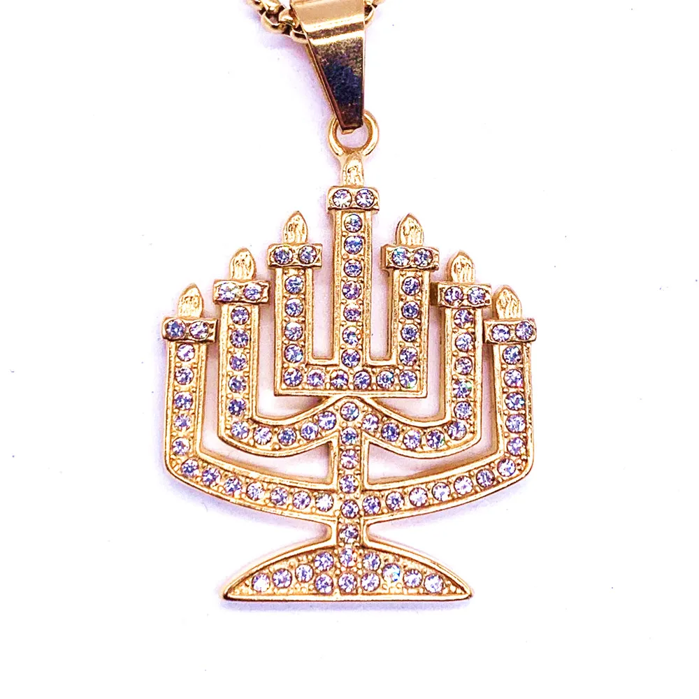 Menorah Pendant Judaica Necklace Women/Men Religious Symbols Jewelry Long Chain