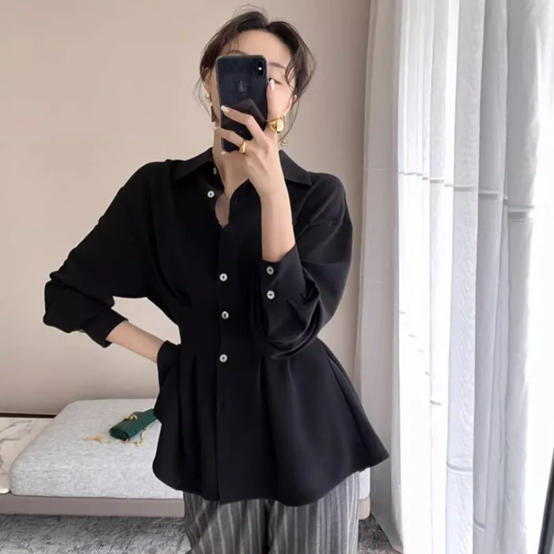 Blouses Women Chiffon Shirts Long Sleeve Shirring Design Spring Summer All-match Elegant Graceful Chic Defined Waist Mature Lady