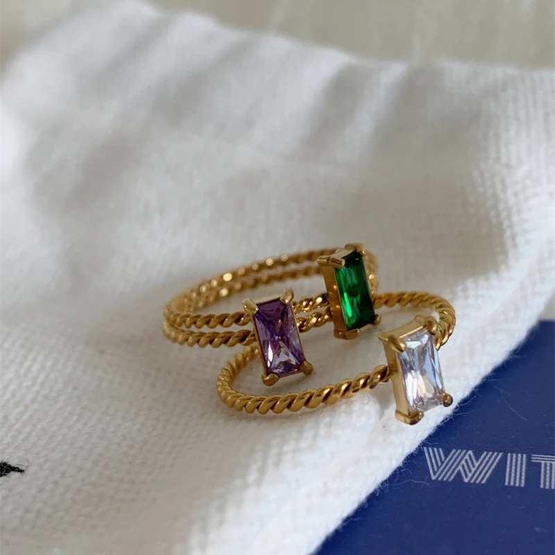 New Ladies Delicate Colorful Purple Green Yellow Cubic Zirconia Square Rings For Women Stainless Steel Braid Ring Jewelry Gift