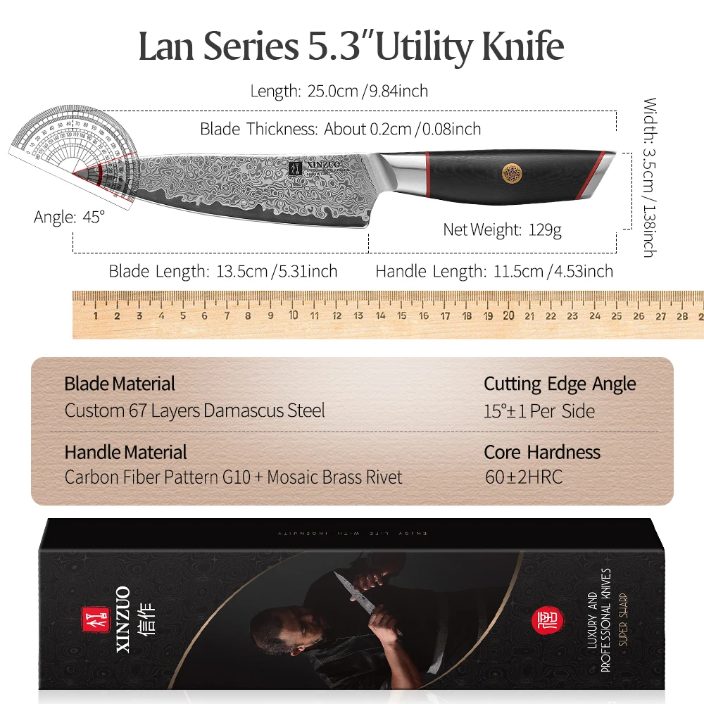 XINZUO 5.3" Utility Knife Multi Purpose Kitchen Knife Damascus Steel 10Cr15CoMoV Sharp Cutting Tool Carbon Fiber G10 Handle