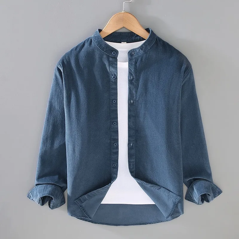 Cotton Corduroy Long Sleeve round Neck Shirt Men's Casual Retro Spring Autumn Top Pure Cotton Plain Youth Fashion Standard Fit