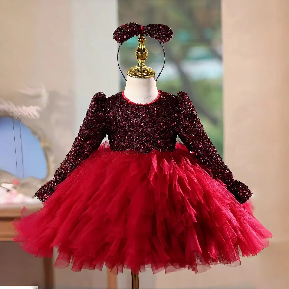 

Dreamy Vow D204 Christmas Flower Girl Dress Knee Length Long Sleeve Princess Kids Wedding Birthday Festival Party Pageant Gown