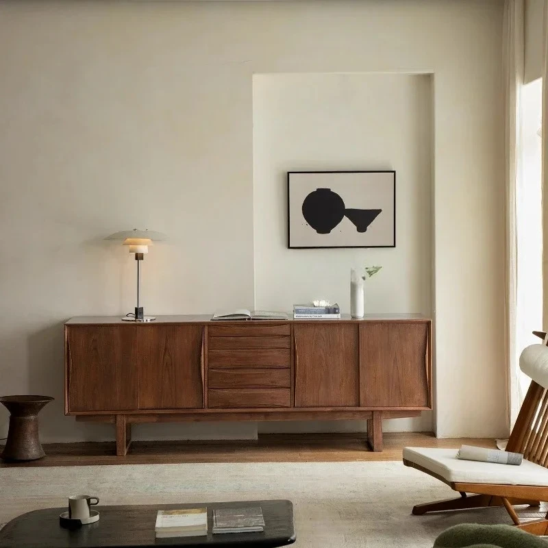 

Боковой шкаф для хранения раздвижных дверей из цельного дерева в стиле ретро, шкаф для телевизора в гостиной