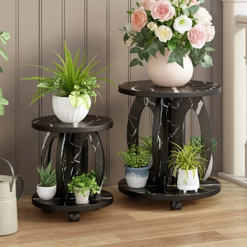 Solid Wood Plant Stand with Wheels, Heavy Duty Rolling Flower Pot Holder Shelf, Mobile Freestanding Storage Rack for Balcony