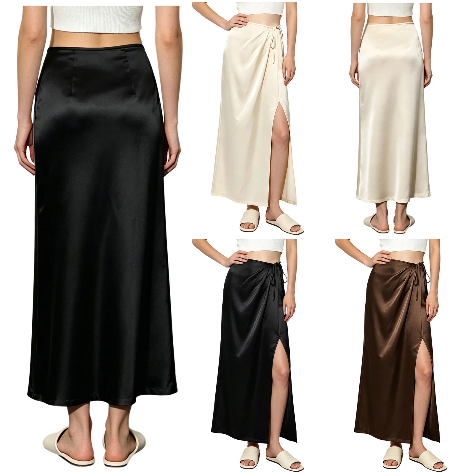 Women Side Slit Satiny Skirt Lace-up Waist Ankle Length Skirt for Birthday Party Wedding Work Office Casual Daily Life