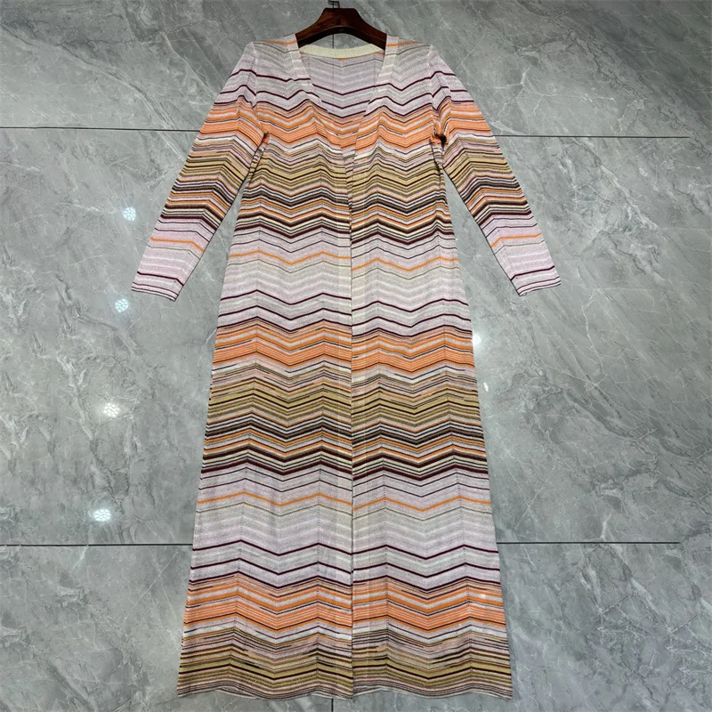 

Cardigan for women New elastic knitted slim fit V-neck long sleeved top for summer 2025 Metal yarn blended striped long cardigan