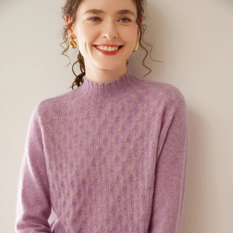 الخريف/الشتاء المرأة 100% الكشمير البلوز عادية الصلبة الجوف متماسكة سترة فضفاضة نصف عالية الرقبة الجاكار القمم الدافئة البلوز