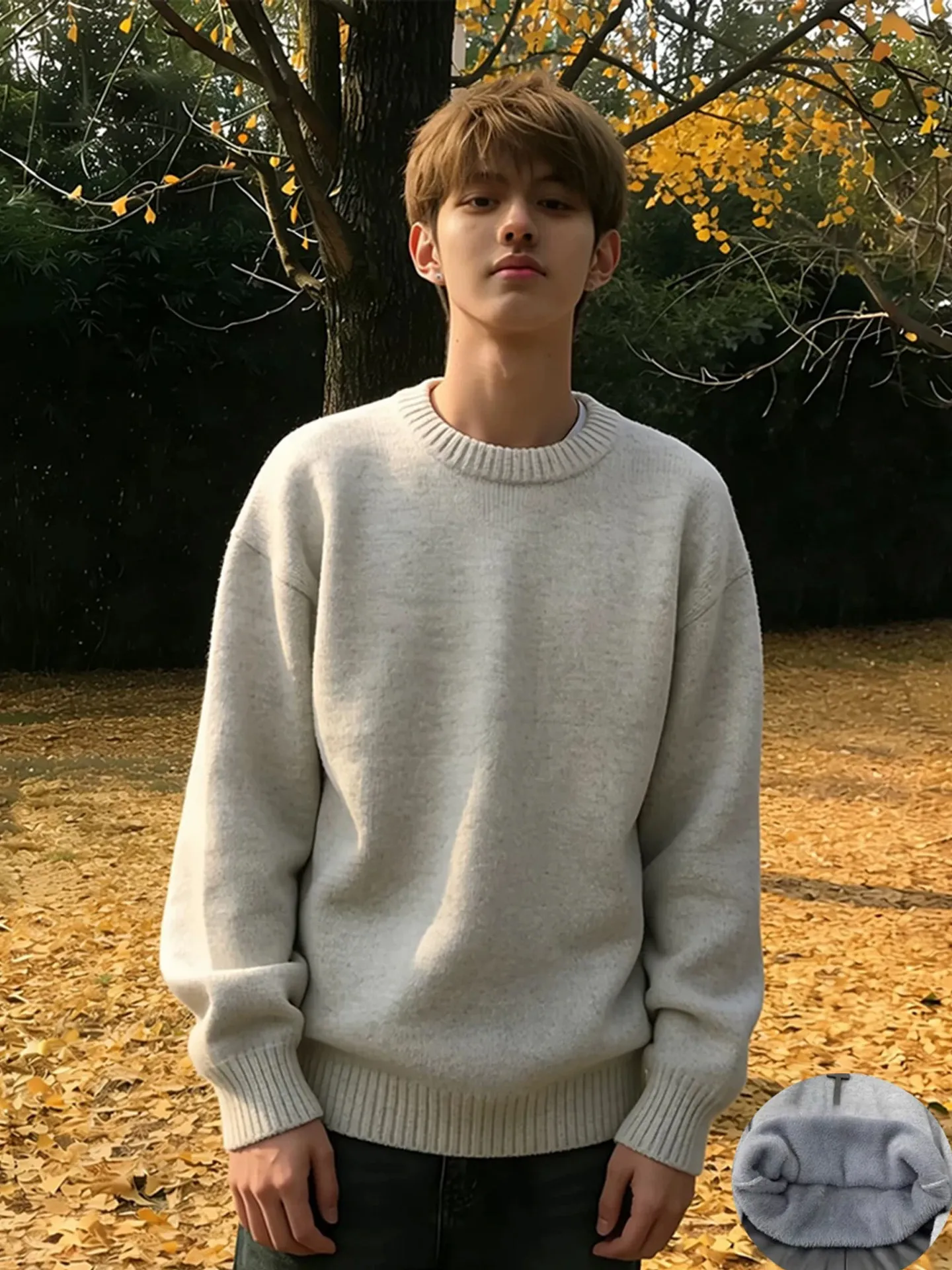 

Cleanfit Light ey round Ne Fce Lined Knitted Sweater Men's Winter Base Layer irt American Lazy Sle Top