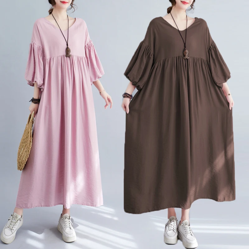 Plus Size Losse Knielange Dr Dames Voor Rok Over De Knie Lange Jurk Afslanken Effect Zomer Polyestervezel ort Sve