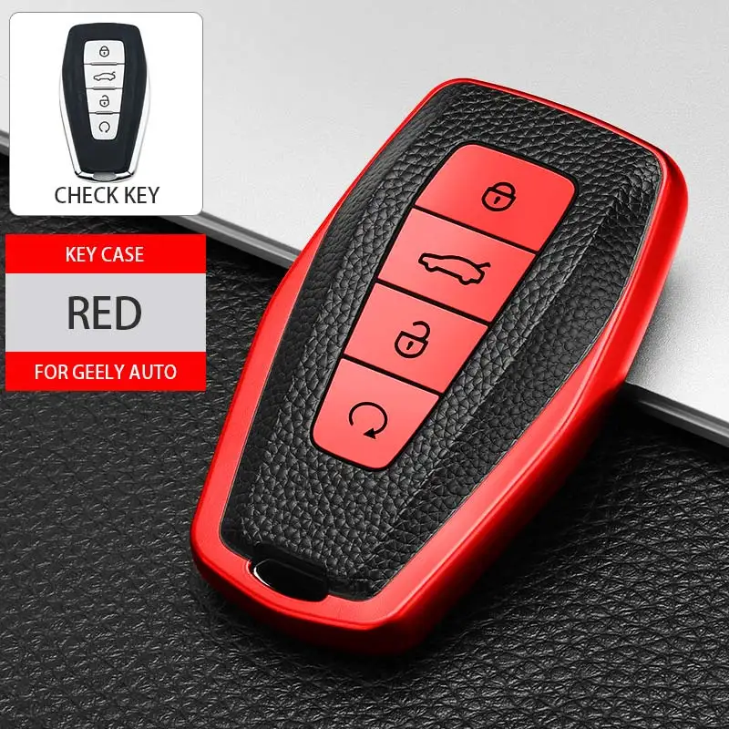 Leather TPU Car Key Case Cover For Geely Atlas Boyue NL3 Coolray 2019-2020 Remote Protect Shell Fob Skin Holder Bag Accessories