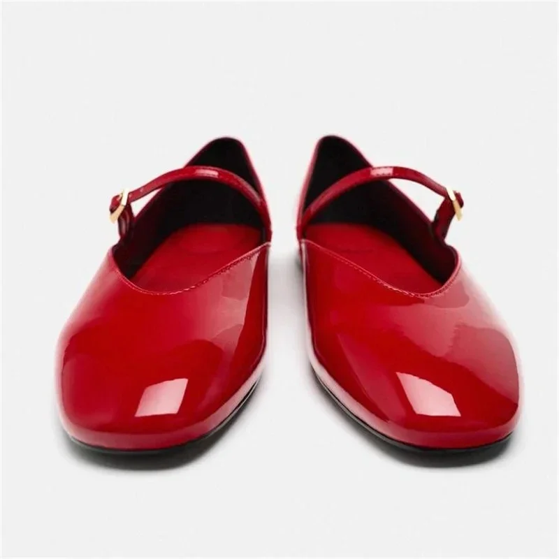 Woman Red Mary Jane Shoes 2024 Summer Chic Faux Patent Leather Flats Womens Fashion Round Toe Buckle Strap Single Shoes