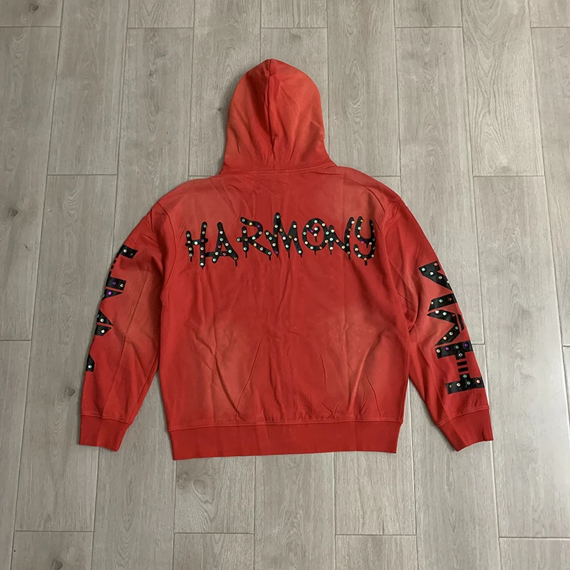 Harmony Zip Up Hoodie Rhinestone Print Casual Men Women Fall American Distressed Loose Fit Men Women Hoodie Outerwear