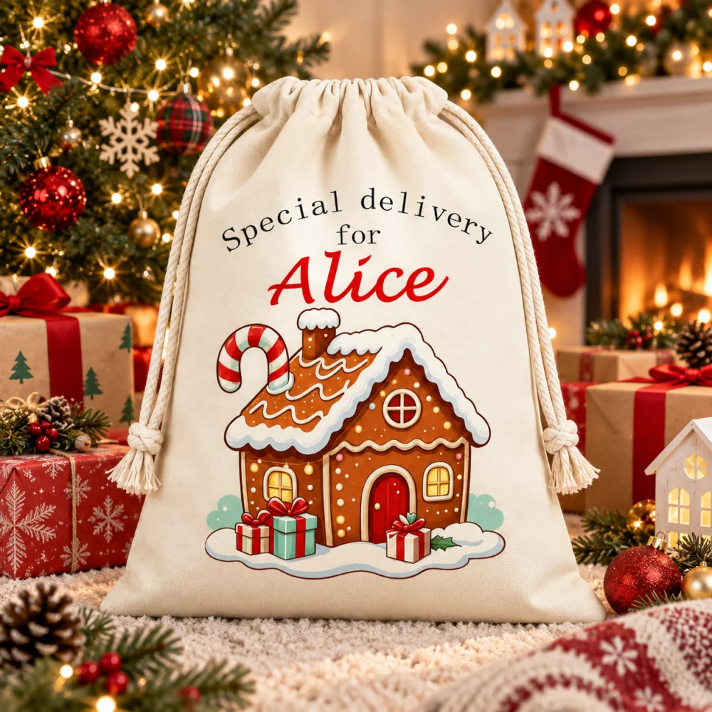 1Pc Custom Name/Text Christmas Imitation Hemp Gift Bag,Gingerbread House Pattern Drawstring Closure Storage Bags,Party Candy Bag