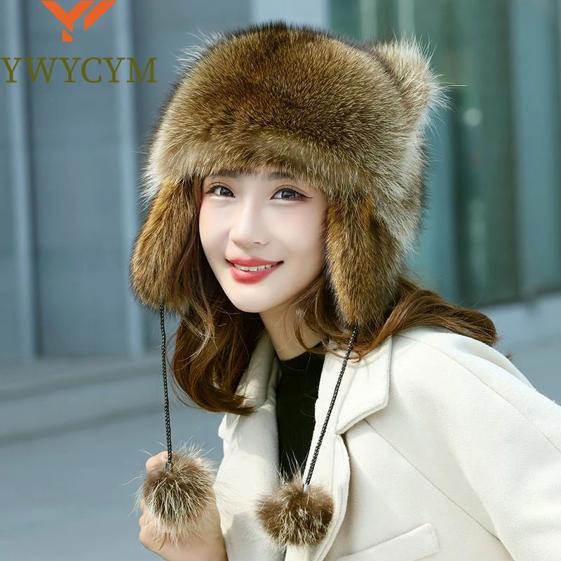 

Lady Real Raccoon Fur Cap Tail Women Natural Raccoon Fur Caps Ushanka Hats for Winter Thick Warm Ears Fashion Bomber Pom Pom Hat