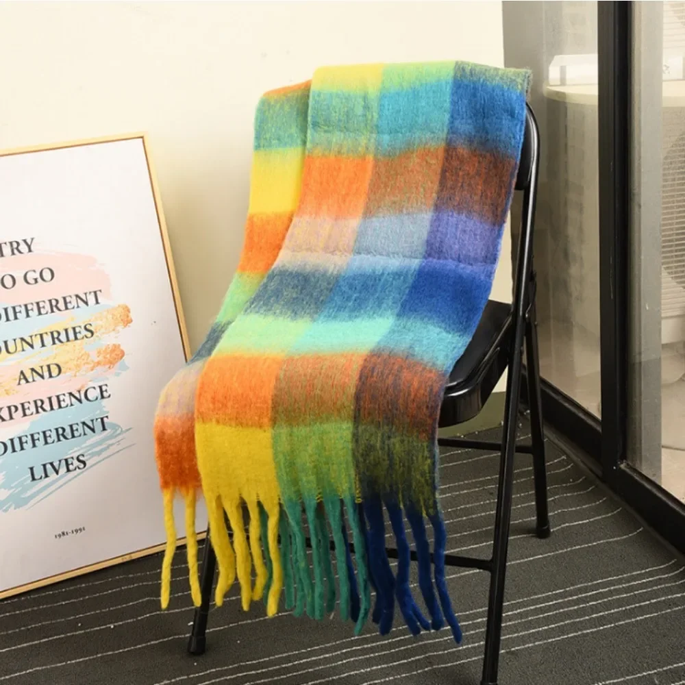 Scarf For Women In Winter Double-Sided Rainbow Plaid Shawl Long Seahorse Fur Color Blocked Scarf For Men Long Tassel Shawl