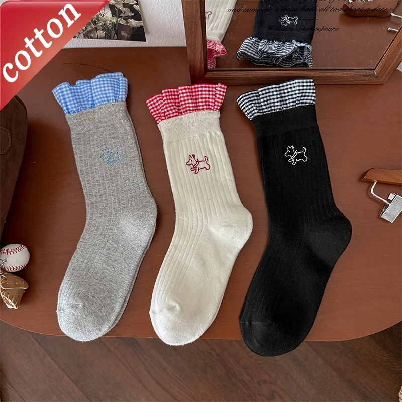 Damensocken, koreanische Kawaii-Welpen-Stickerei, niedlich, lustig, modisch, vielseitig, Spitze, hochwertige, bequeme Baumwollsocken für Mädchen