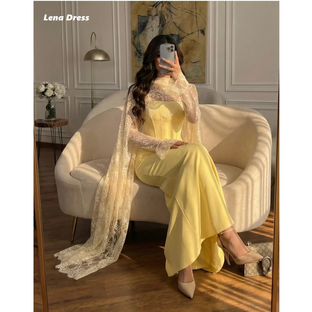 Lena Shawl Elegant Gowns Embroidered Lace Gala Dress Yellow Evening Dresses Woman Elegant Luxury Customized Fish Tail Prom Gown