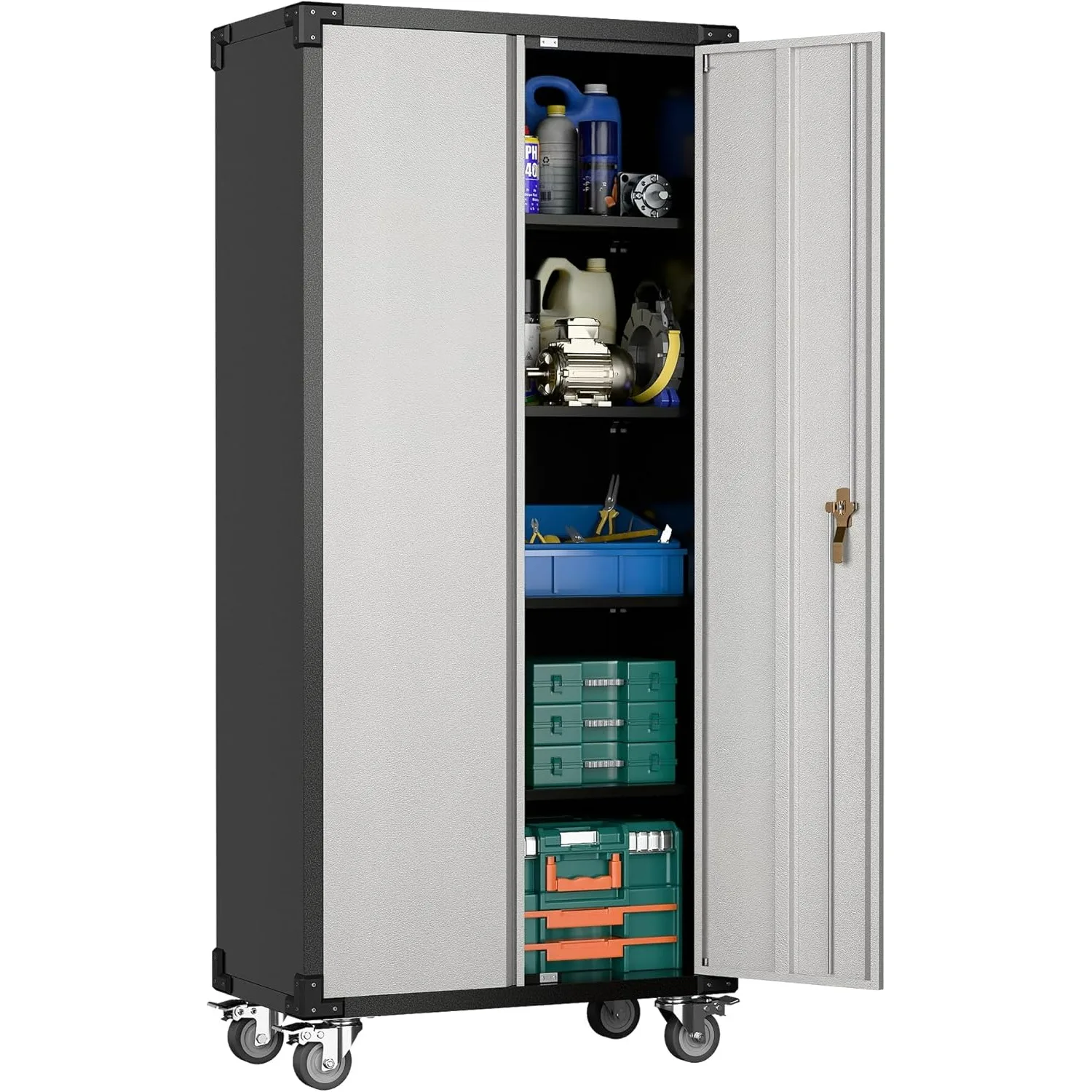 

Garage Storage Cabinet with Wheels,72" Metal Cabinet with 2 Doors and 4 Adjustable Shelves,Home Office Metal Storage