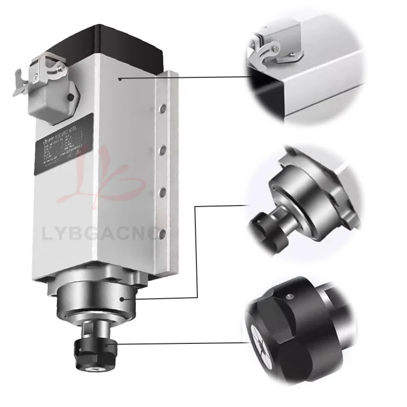 YOOCNC 2.2KW Spindle Motor Square Type Air-Cooled for Engraving Carving Milling Machine Parts Four Bearings Flange Fixing 220V