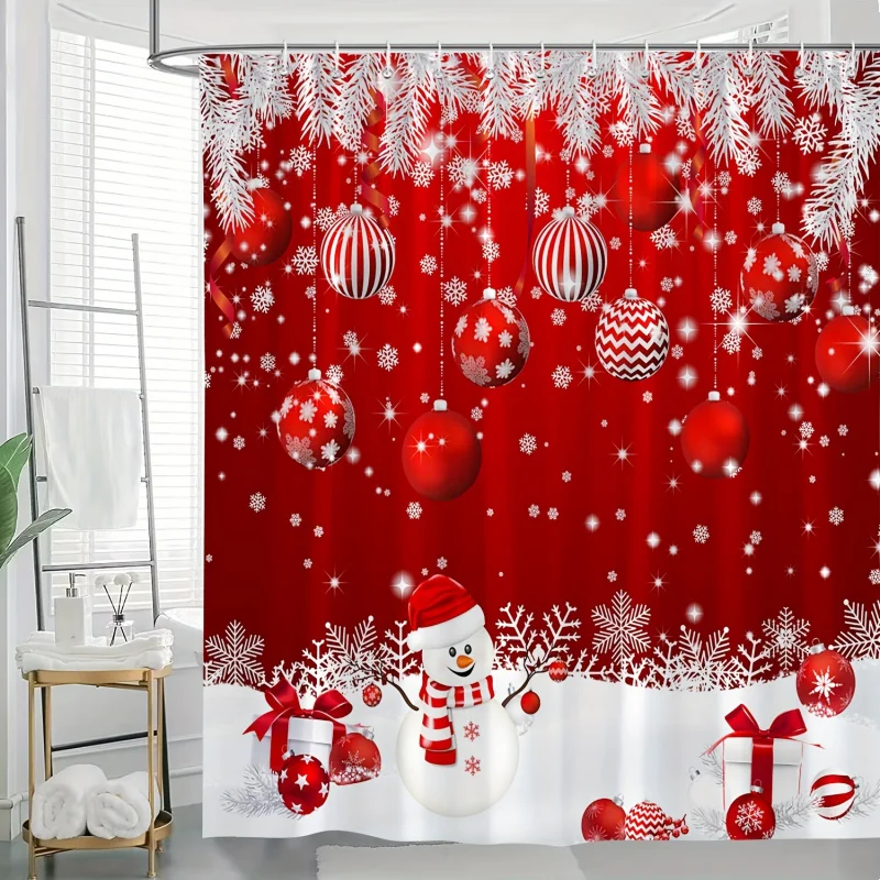 Festive Snowman & Christmas Ball Shower Curtain - Red, Washable Polyester with Hooks Included for Easy Hanging - Perfect Bathroo