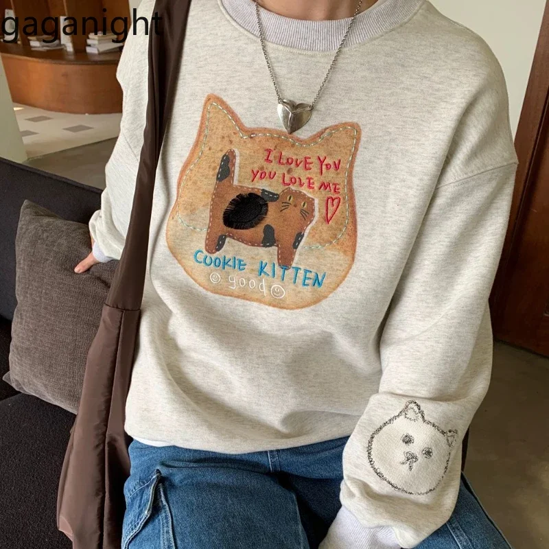 Gaganight Women Maillard Retro Academy Style Cat Pullover Autumn Winter New Plush Hoodie O Neck Hoodie Couple Loose Top