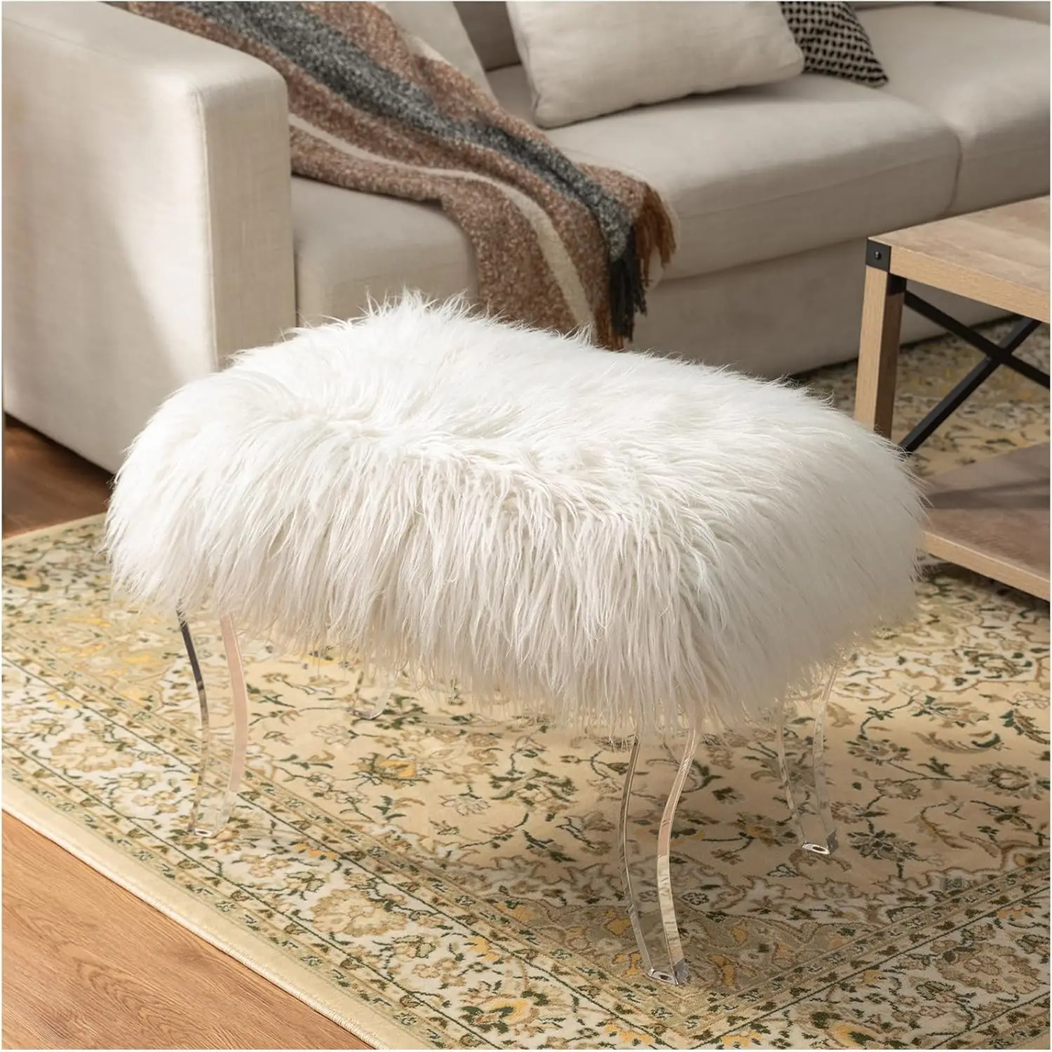 Taburete otomano con reposapiés de piel sintética blanca de estilo moderno, taburete de tocador con patas acrílicas, banco decorativo para dormitorio