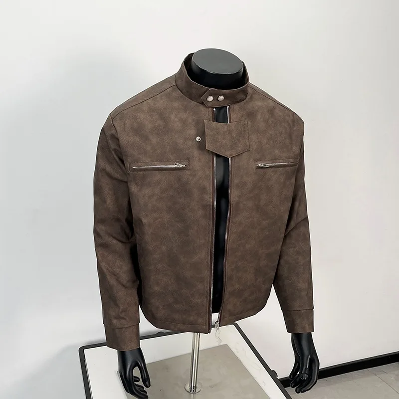 Ретро американский повседневный коричневый кожаный джет, мужское байкерское пальто с подкладкой и воротником-стойкой, молодежное зимнее пальто Vitali Sle