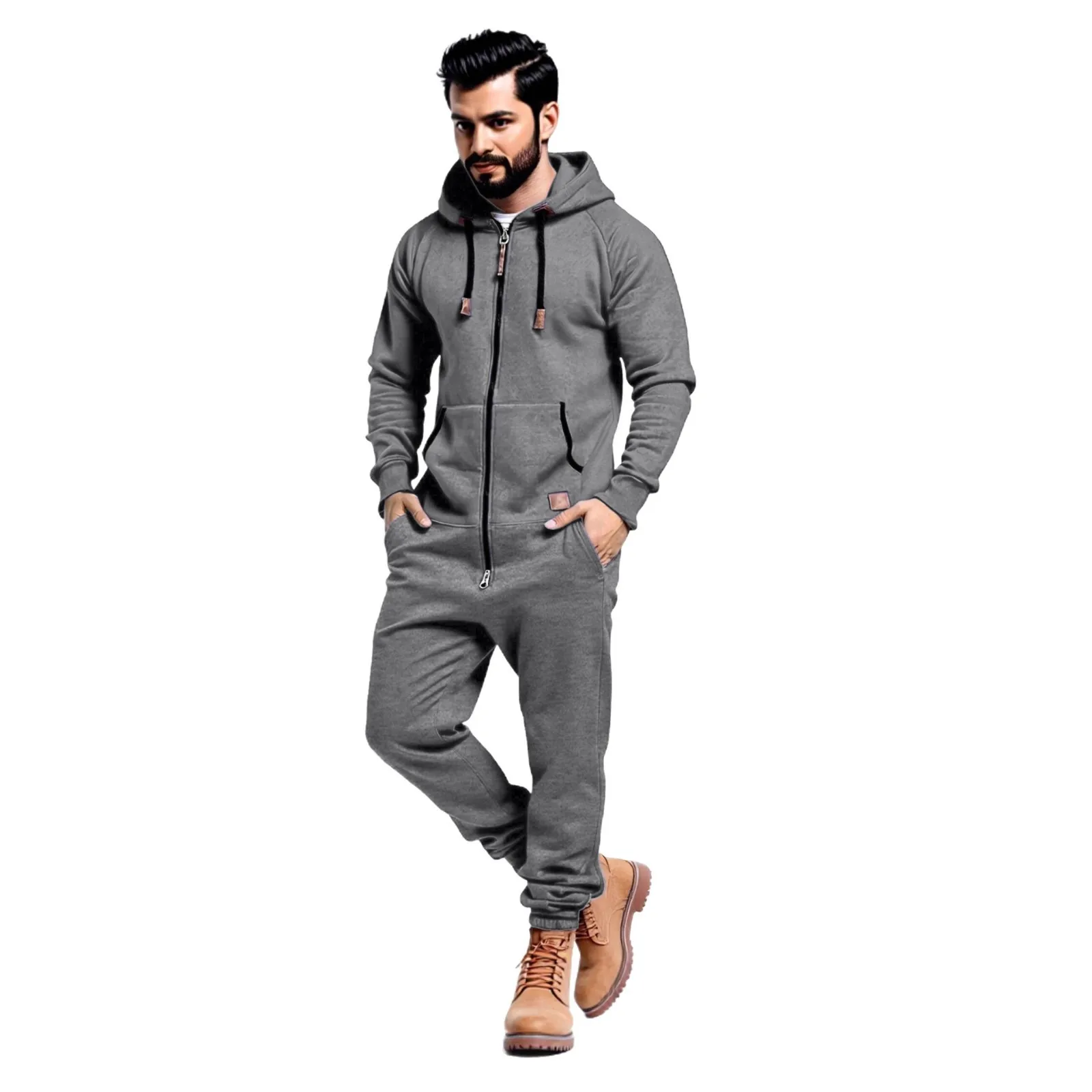 New men's work clothes hooded one-piece sweatshirt suit, zipper hood design, one-piece casual sports suit