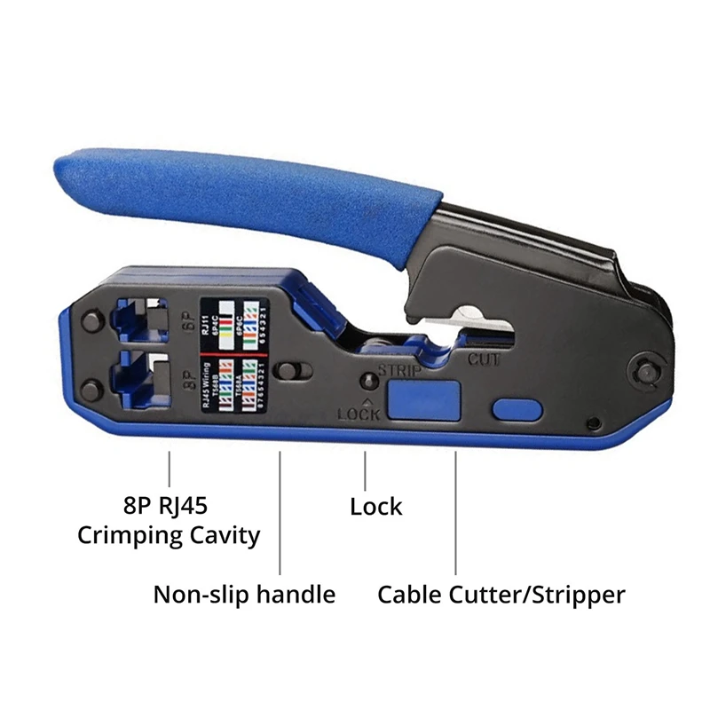 RJ45 Crimp Tool Set All-In-One Stripper Cutter With 50 PC CAT6 Pass Through Connectors 50 PC RJ45 Cat6 Protection Covers