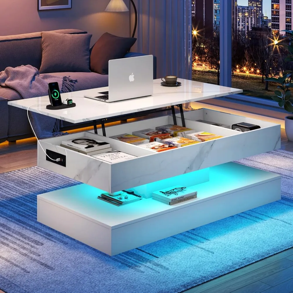 47.2” Coffee Table, LED with Charging Stake, Hidden Storage Compartment, Elevated Living Room Table, Elevated Coffee Table