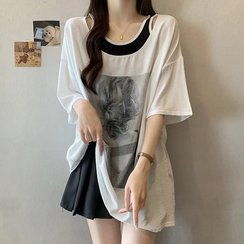 

2024 New Arrival Summer Tops Tees Women Casual Loose Short Sleeve O-neck Clothing All-matched Vintage Print T-shirts V489