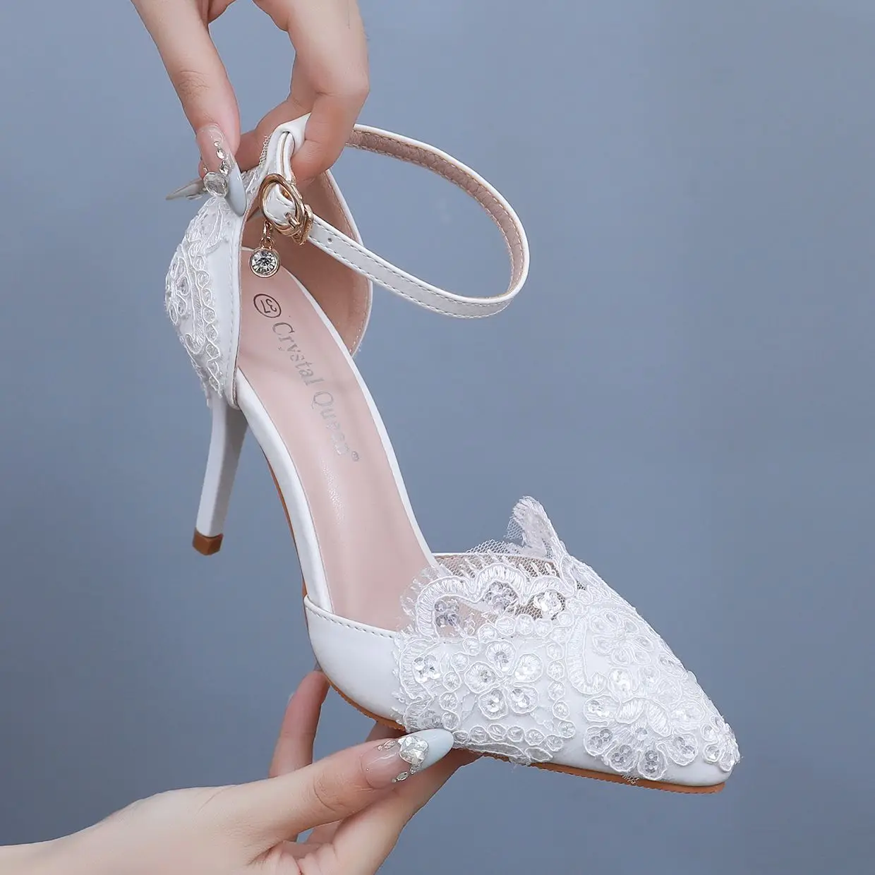 Crystal Queen Sandals White Square Lace Bridal High Heels Women Dress Shoes Party Wedding Shoes