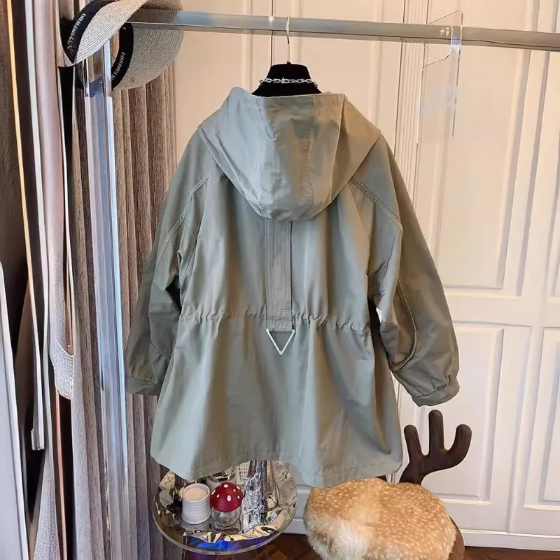Trench Coat Women Niche Korean Version of Loose Casual Retro Drawstring Hooded Tooling Jacket Medium and Long