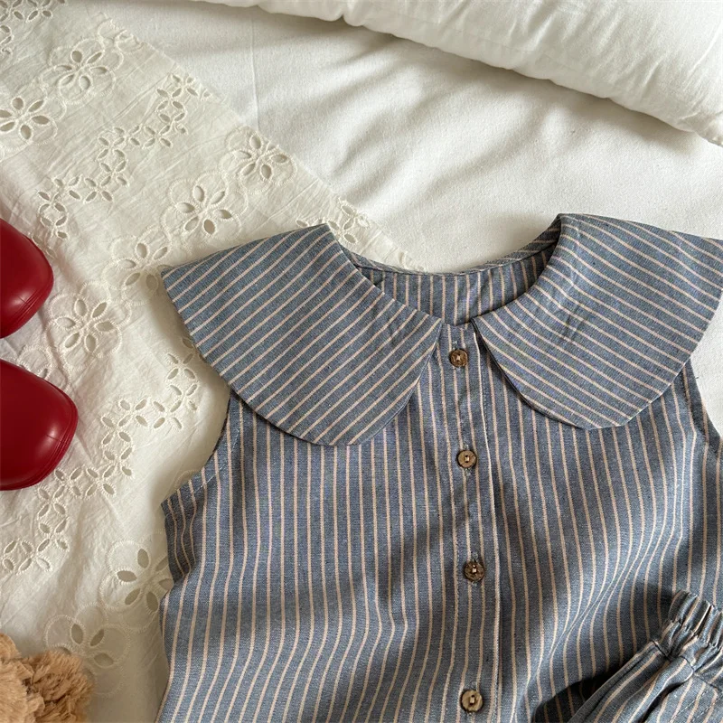 2026 Summer New Product Children's Japanese Striped Artistic Collar Sleeveless Set, Girls' Baby Retro Top and Shorts
