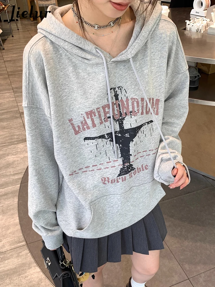 

Jielur Light Grey Chic Hooded Drawstring Female Hoodies New Fashion Printing Basic Pure Color Simple Loose Casual Women Hoodies