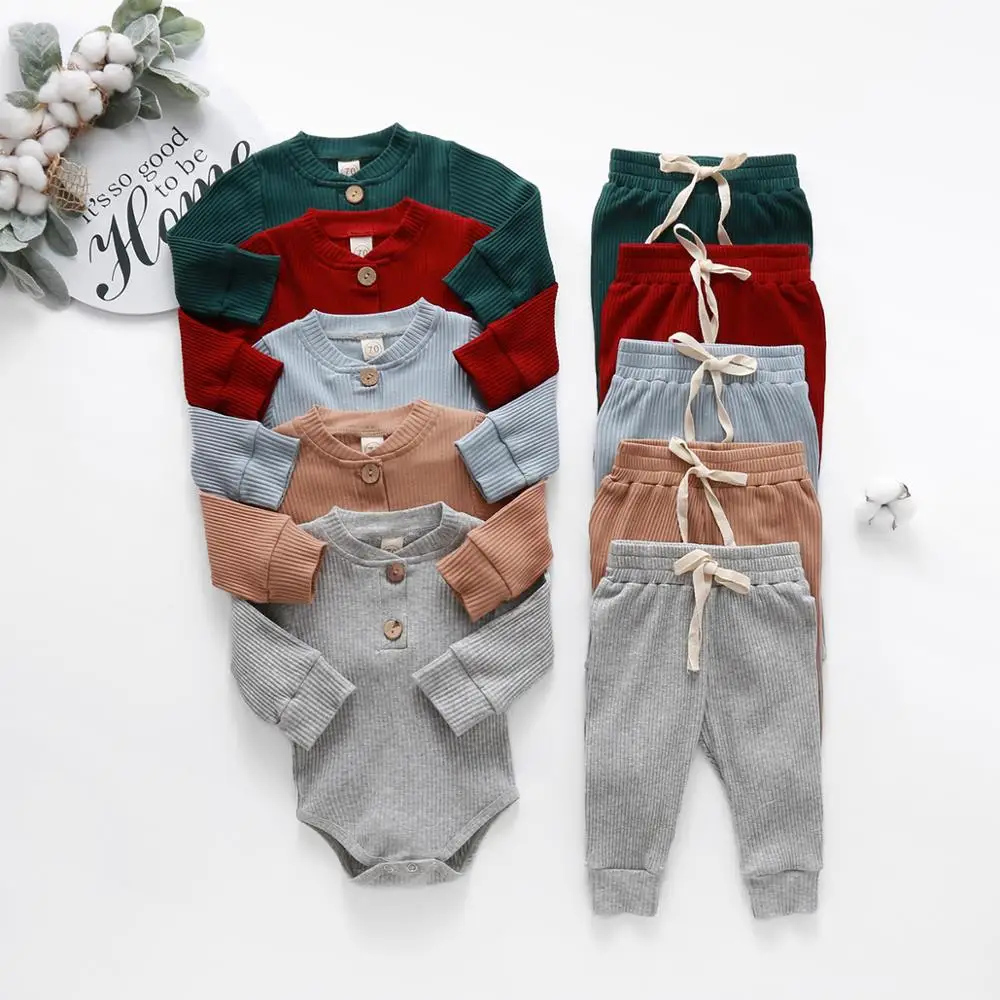 

Spring Autumn Newborn Infant 2PCs Clothes Set for Boys & Girls Ribbed/Plaid/Solid Long Sleeve Bodysuit + Elastic Pants