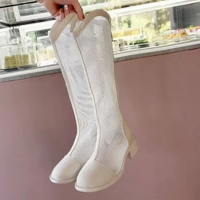 

Summer Boots Women's Square Heel Knee Heel Middle Heel Female Round Head Zipper Sandals Mesh Woman Fashion Boots
