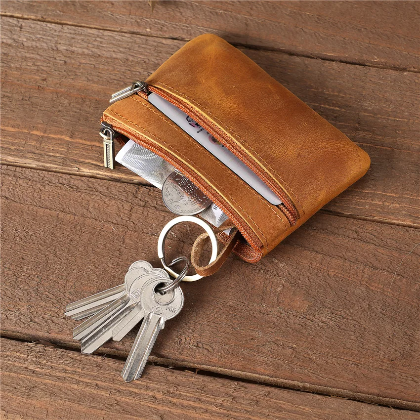 Boys and Girls Genuine Leather Coin Purse Cowhide Crazy Horse Brown Brown Color Zipper Coin Bag Vintage Fashion Wholesale