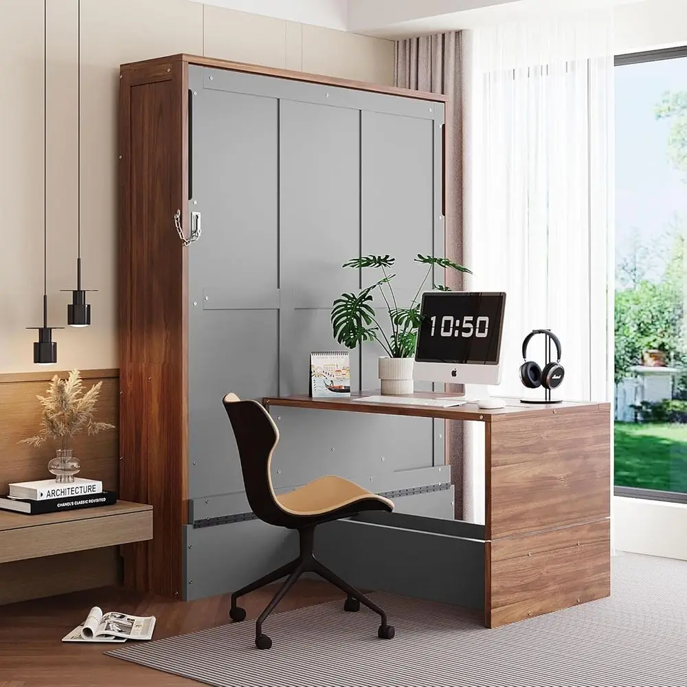 Space-saving Gray & Walnut Murphy Bed with Foldable Desk for Compact