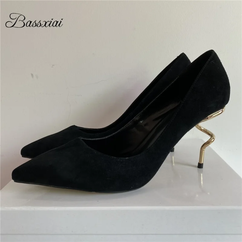 

Женские туфли-лодочки на странном металлическом каблуке, роскошные замшевые пикантные модельные туфли без шнуровки с острым носком для девочек, весна-осень