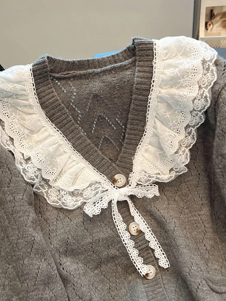 الدانتيل تقسم سترة برقبة على شكل v رمادي طويل الأكمام سترة مشغولة من الصوف المرأة 2025 ربيع الخريف جديد واحدة الصدر كوريا الأعلى #3
