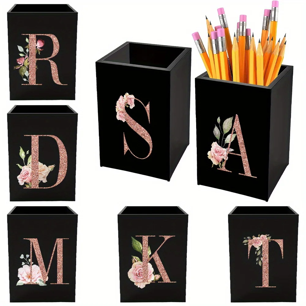 Acrylic Pencil Pen Holder Desk Holder Makeup Brush Storage Case Initial Name Rose Gold 26 Letters Pattern Make Up Organizer Box