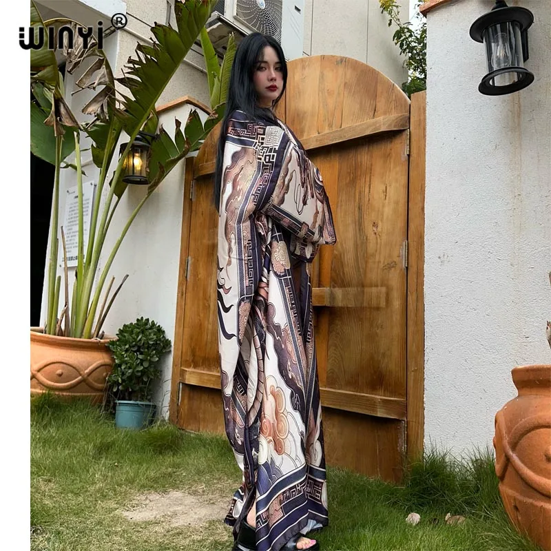 2024 WINYI Europe kimono donna Cardigan holiday kaftan sexy Boho dress Beach Cover up caftano African Holiday manica lunga Robe