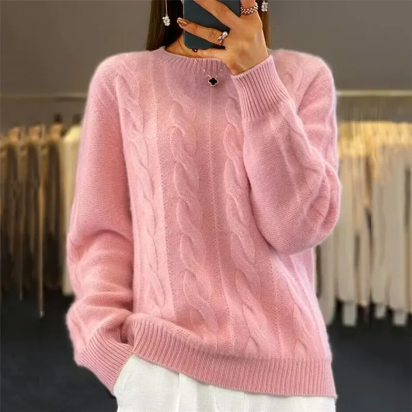 Women Solid Color Autumn Winter Sweater Jumper Long Sleeve Knitwear O Neck Twisted Stripes Pullover Top Sweaters