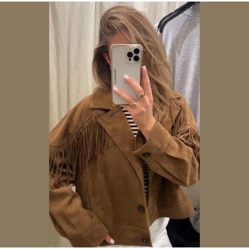 Damen-Wildlederjacken mit Übergroßem Revers und Quasten, Einreihige Kurze Mäntel, Herbst-Damenjacke mit Langen Ärmeln, Neue Oberbekleidung – Detail 16