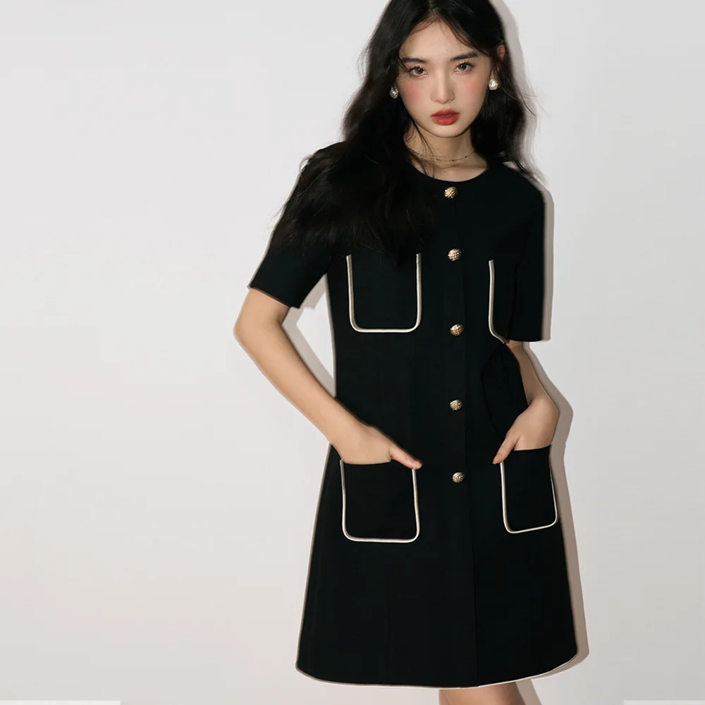 

New Patchwork Pockets Dresses For Women Round Neck Short Sleeve High Waist Loose Hit Color Dress Female Fashion 2024