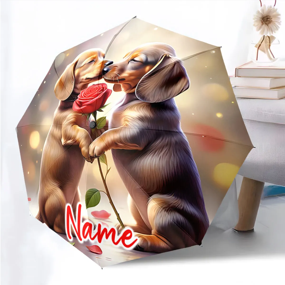 Custom Name Umbrella Puppy Love Under the Umbrella Print 8 Iron Ribs Folding Umbrella Auto-Open Fashion Sunshade