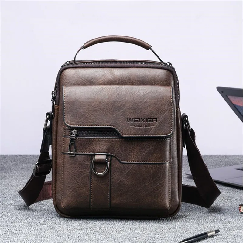 Men Crossbody Shoulder Bags Vintage PU Men Handbag Multi-pocket Men Shoulder Bag Zipper Solid Waterproof for Travel Business