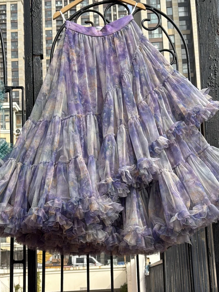 TIYIHAILEY New Mesh Women Autumn Spring Long Maxi Skirts High Quality Ball Gown Skirt Big Hem Printed Plaid Custom Made Skirts