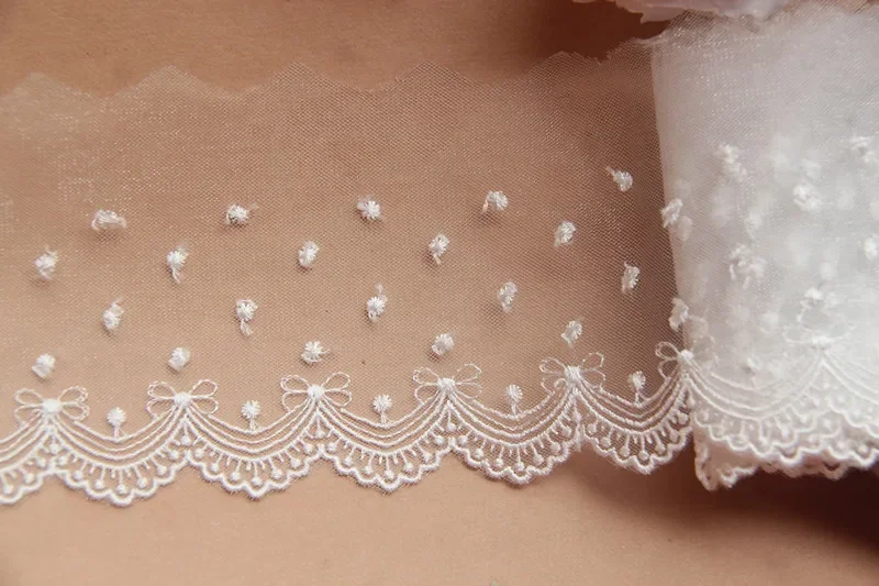 Width:8.5cm (3.40 inch) Attractive Little Dots and Bowknot Embroidery Laces Durable Mesh Trimming Lace for Sewing (SS-2488)